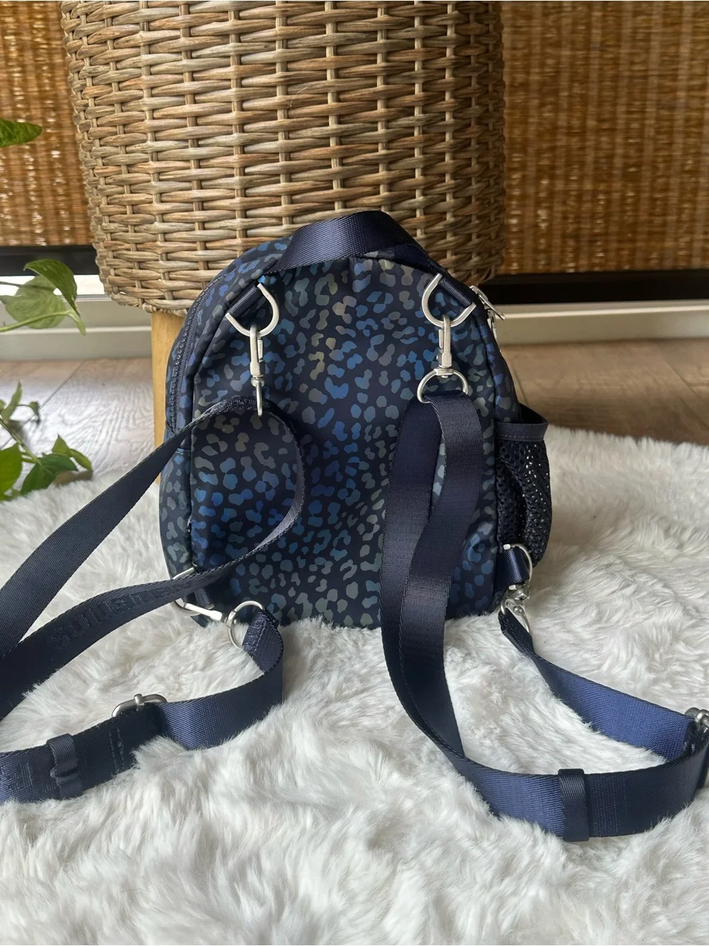 Fabletics Navy Blue Cheetah Print Mini Backpack sling Convertible purse
